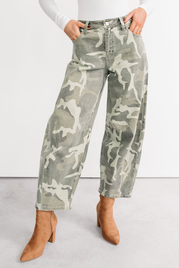 Zane High Rise Printed Barrel Kancan Jeans (Camo)