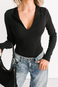 No Hesitation Ribbed Long Sleeve Bodysuit (Black) - NanaMacs