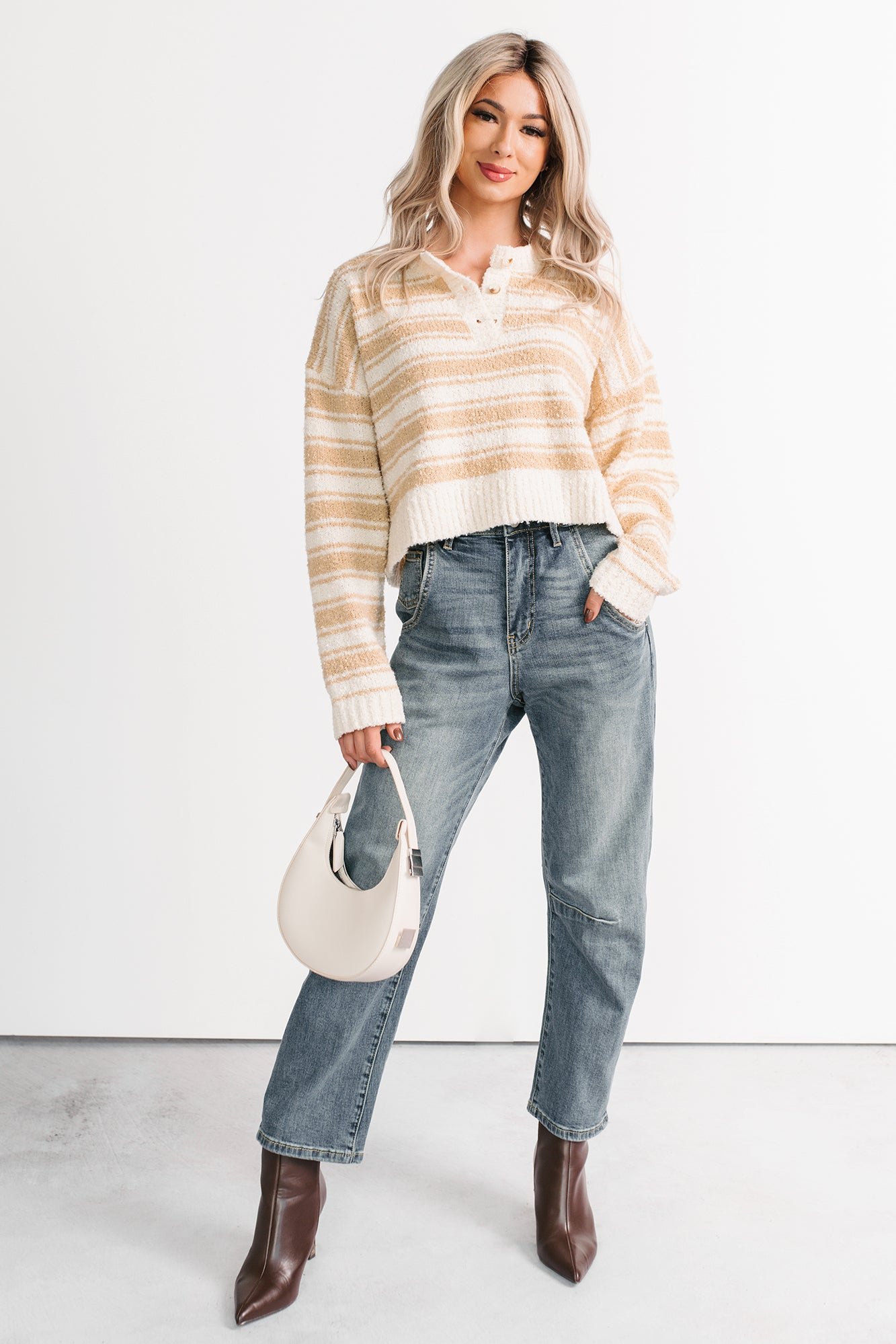 Off The Clock Stripe Knit Sweater (Taupe/Off-White) - NanaMacs