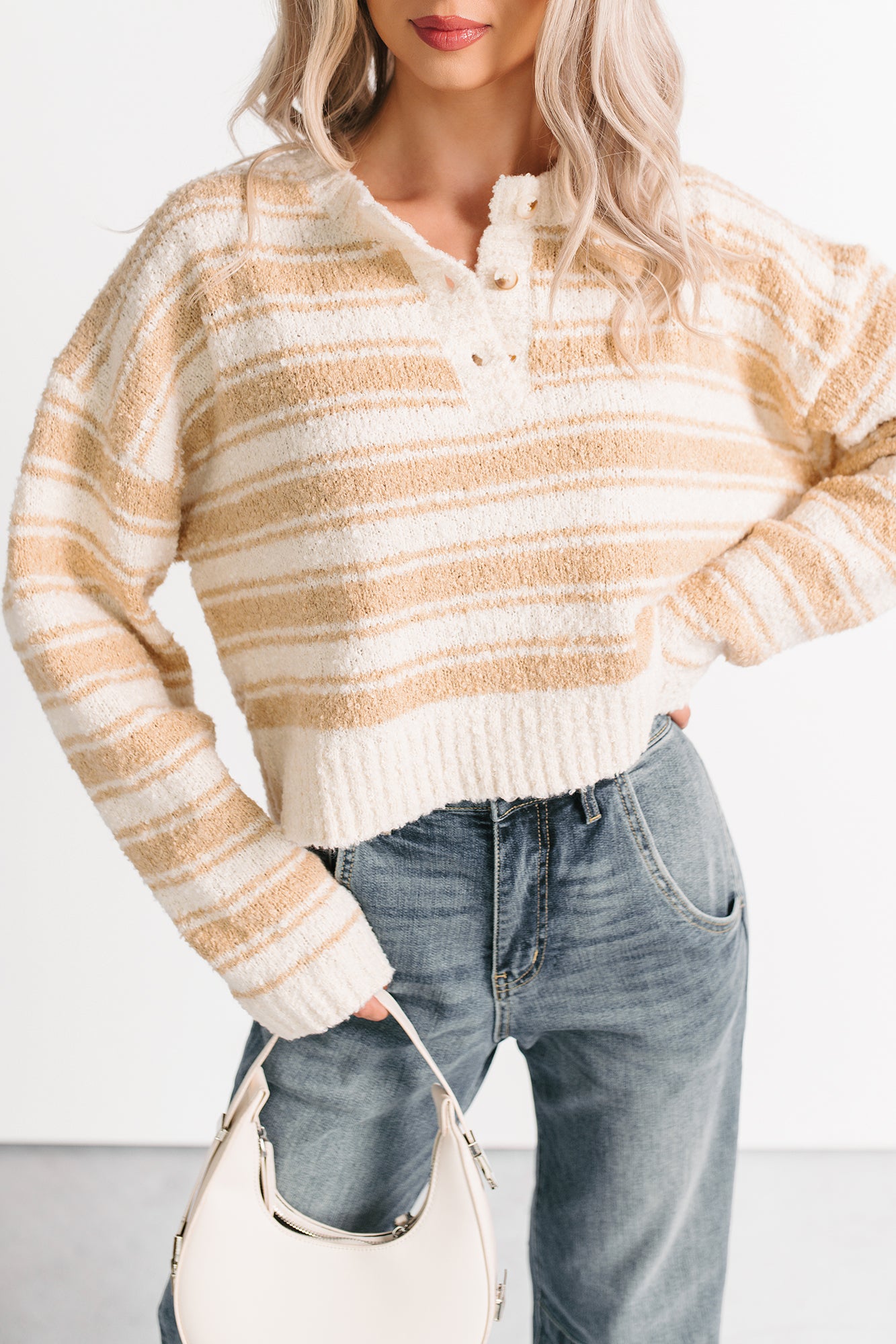 Off The Clock Stripe Knit Sweater (Taupe/Off-White) - NanaMacs