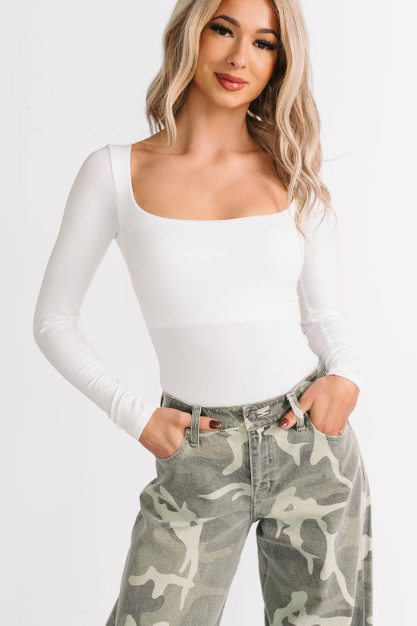 Girly Confessions Square Neck Bodysuit (White)