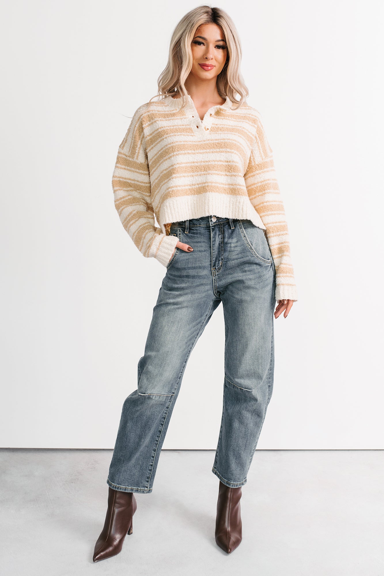 Off The Clock Stripe Knit Sweater (Taupe/Off-White) - NanaMacs