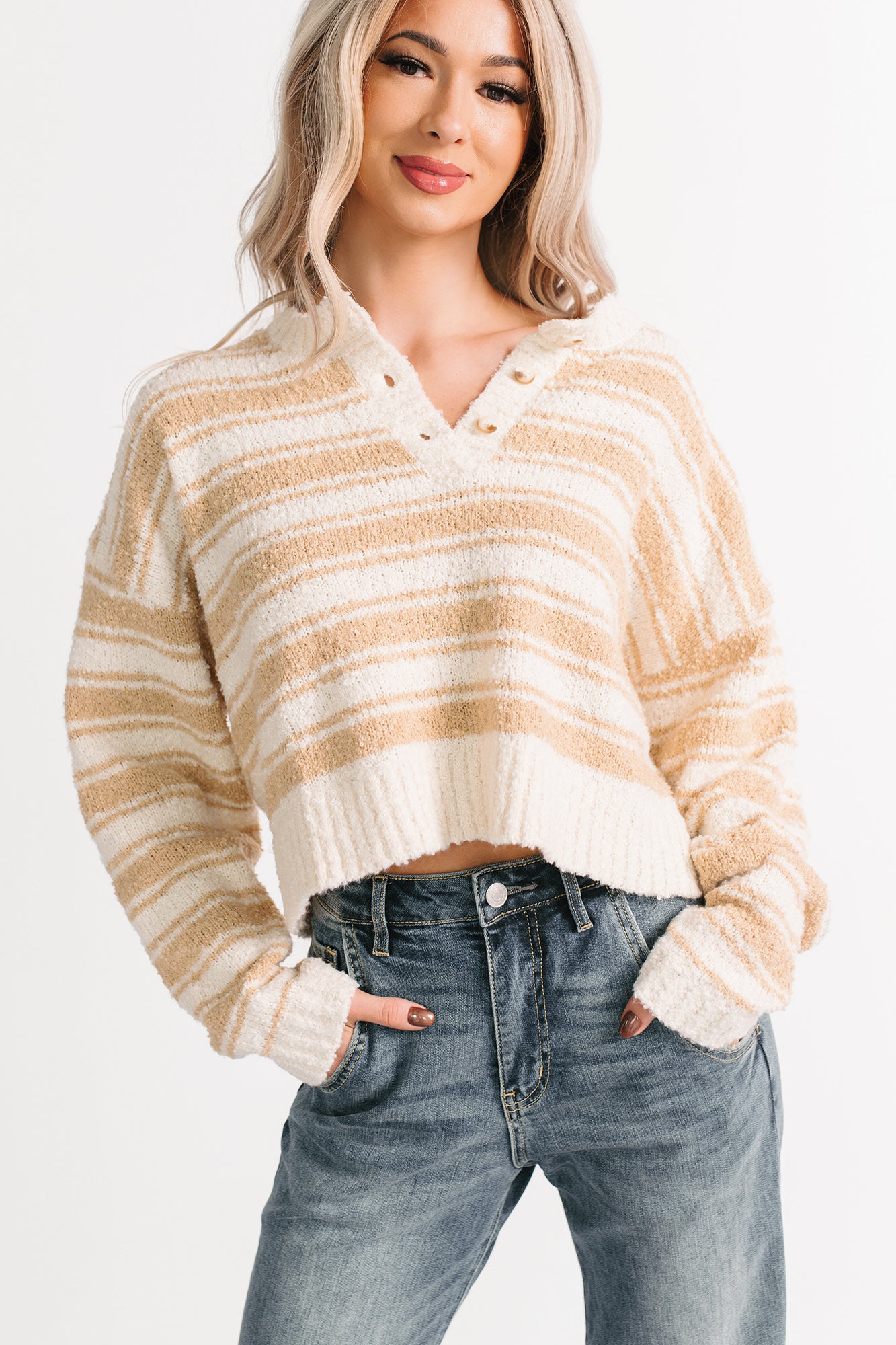 Off The Clock Stripe Knit Sweater (Taupe/Off-White) - NanaMacs