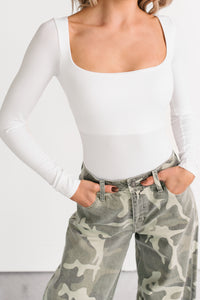 Girly Confessions Square Neck Bodysuit (White) - NanaMacs