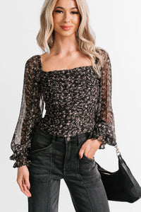 Girly Groove Floral Long Sleeves Crop Top (Black) - NanaMacs