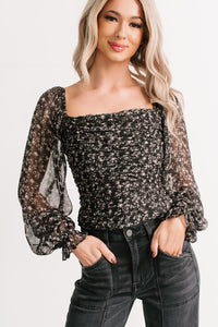 Girly Groove Floral Long Sleeves Crop Top (Black) - NanaMacs