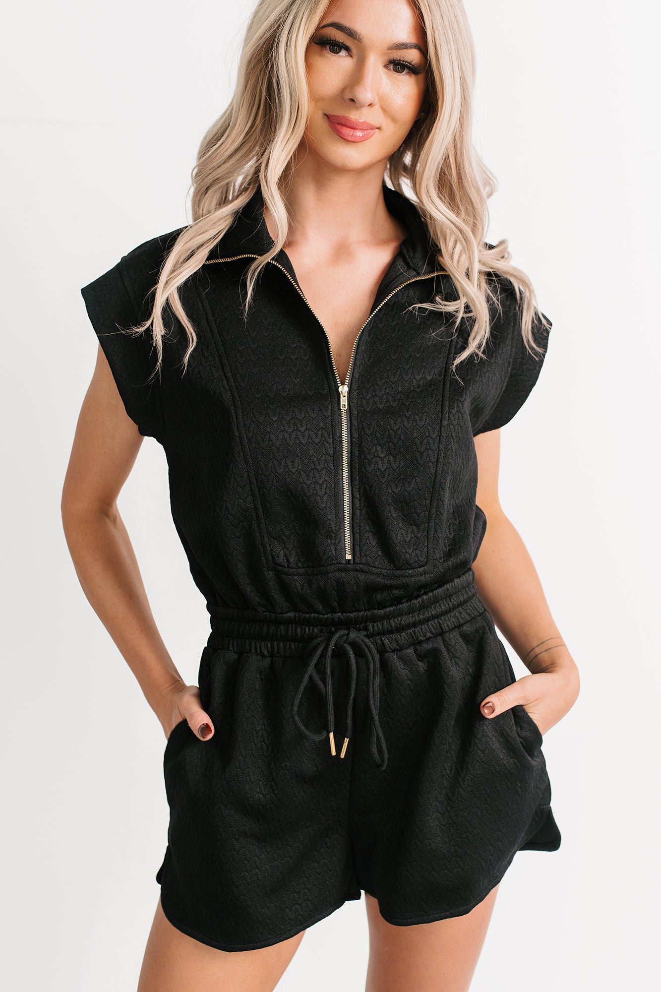Stay Watching Textured Zip-Up Romper (Black) - NanaMacs