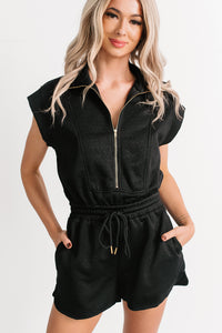 Stay Watching Textured Zip-Up Romper (Black) - NanaMacs
