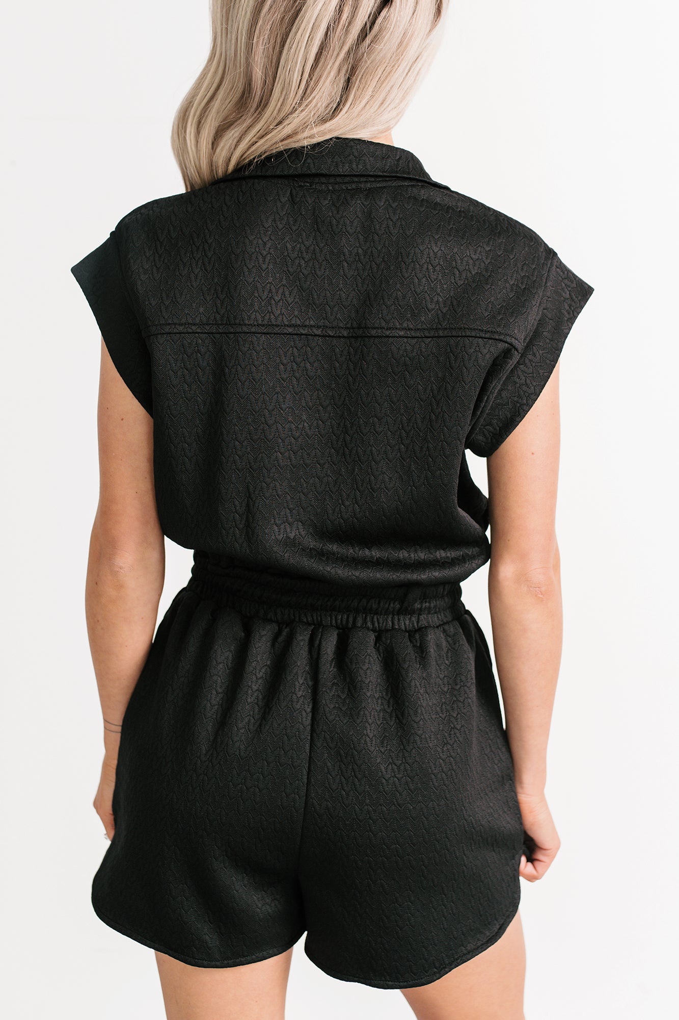 Stay Watching Textured Zip-Up Romper (Black) · NanaMacs