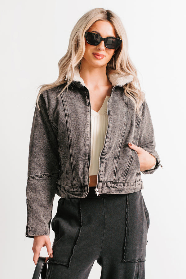 Day Off Mood Denim Sherpa Lined Jacket (Black)