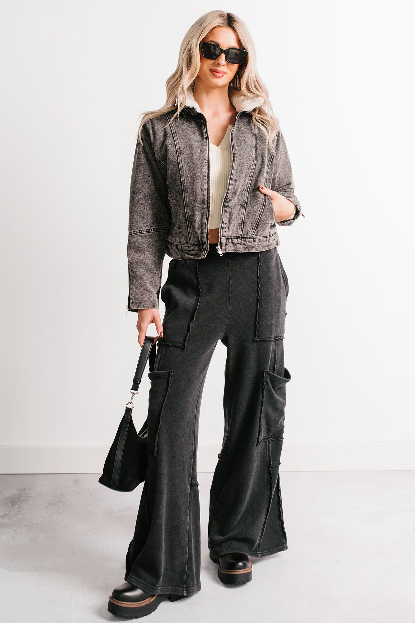 Made Ready Wide Leg Cargo Sweatpants (Black) - NanaMacs