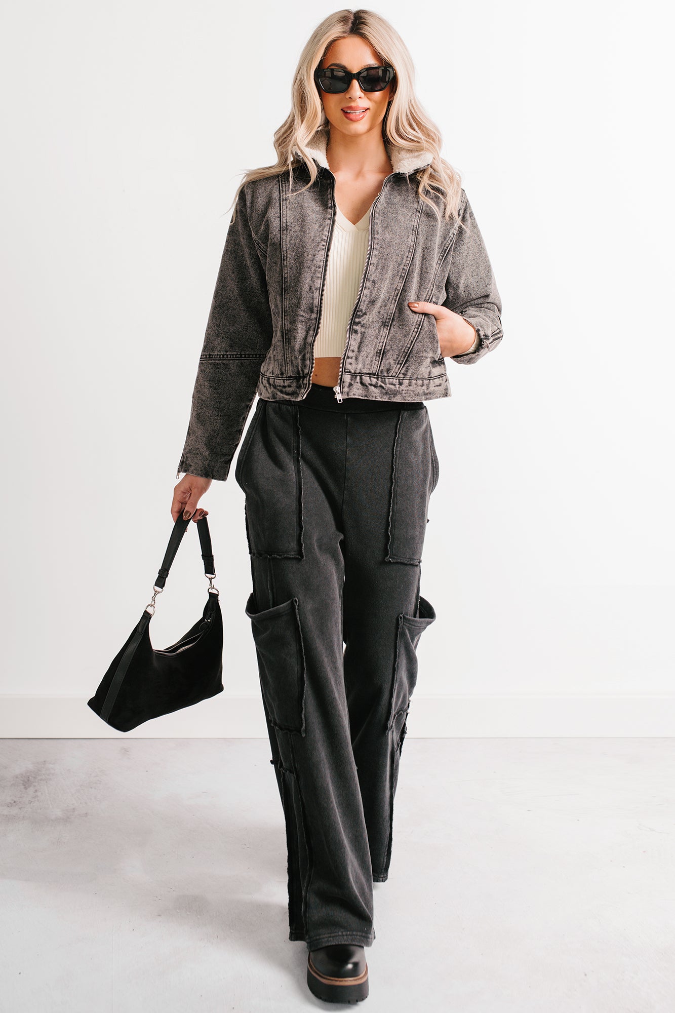 Day Off Mood Denim Sherpa Lined Jacket (Black) - NanaMacs