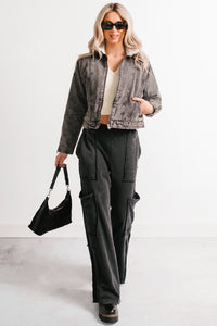 Day Off Mood Denim Sherpa Lined Jacket (Black) - NanaMacs