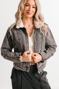 Day Off Mood Denim Sherpa Lined Jacket (Black) - NanaMacs