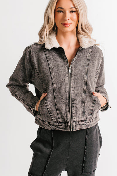 Day Off Mood Denim Sherpa Lined Jacket (Black)