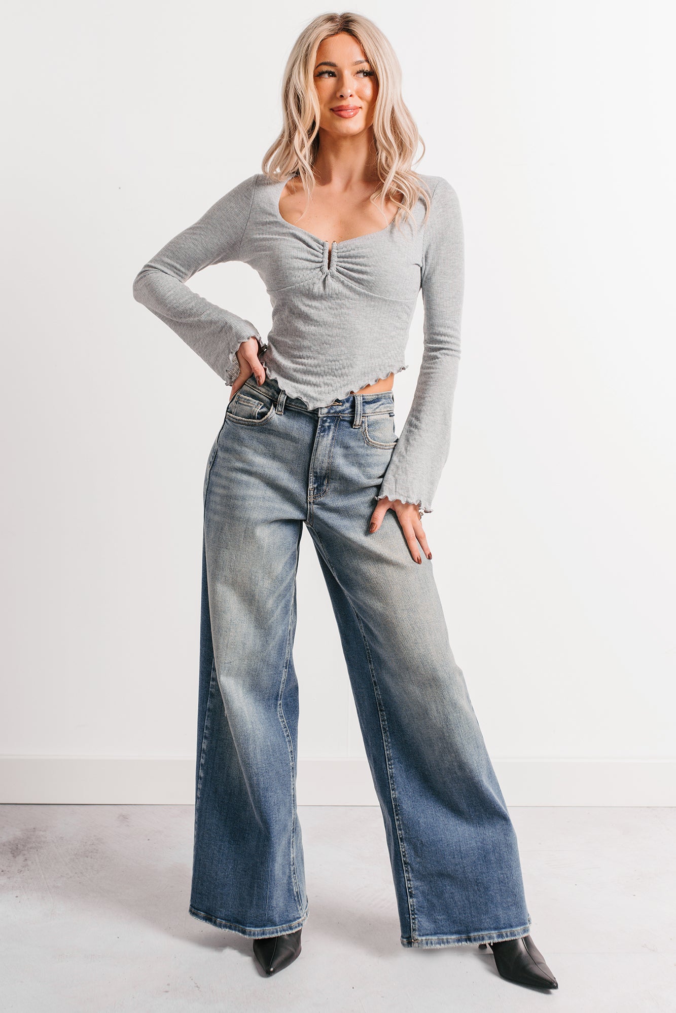 Undeniably Cute U-Ring Long Sleeve Fore Top (Heather Grey) - NanaMacs