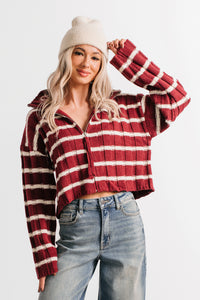 Calm Assurance Striped Zip-Up Sweater Jacket (Wine) - NanaMacs