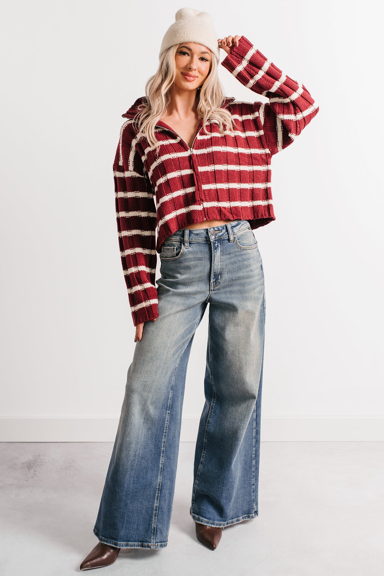 Calm Assurance Striped Zip-Up Sweater Jacket (Wine) - NanaMacs