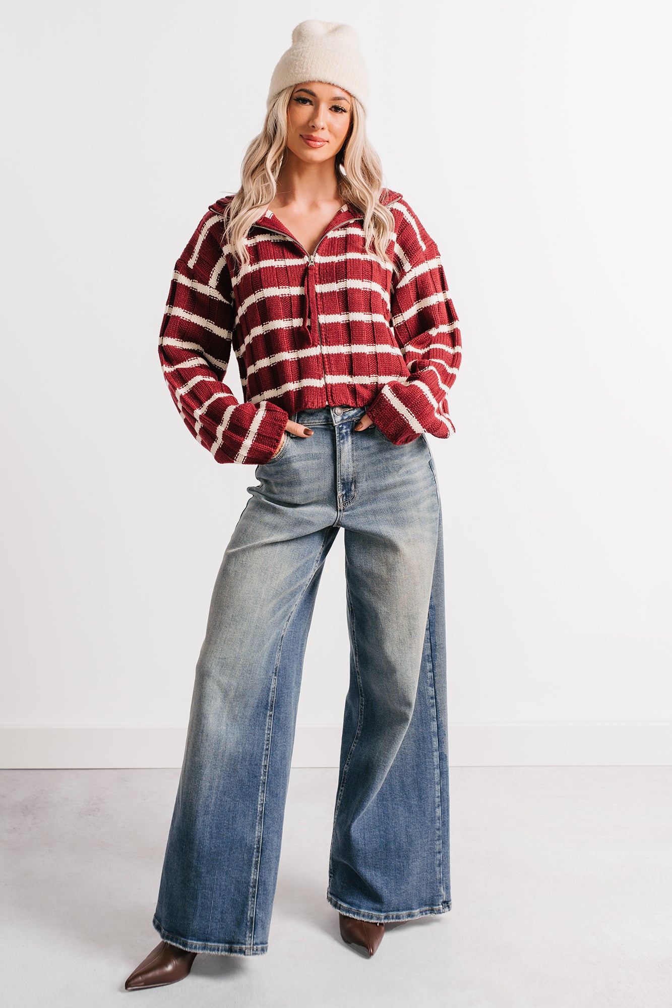 Calm Assurance Striped Zip-Up Sweater Jacket (Wine) - NanaMacs