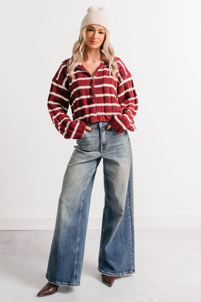 Calm Assurance Striped Zip-Up Sweater Jacket (Wine)