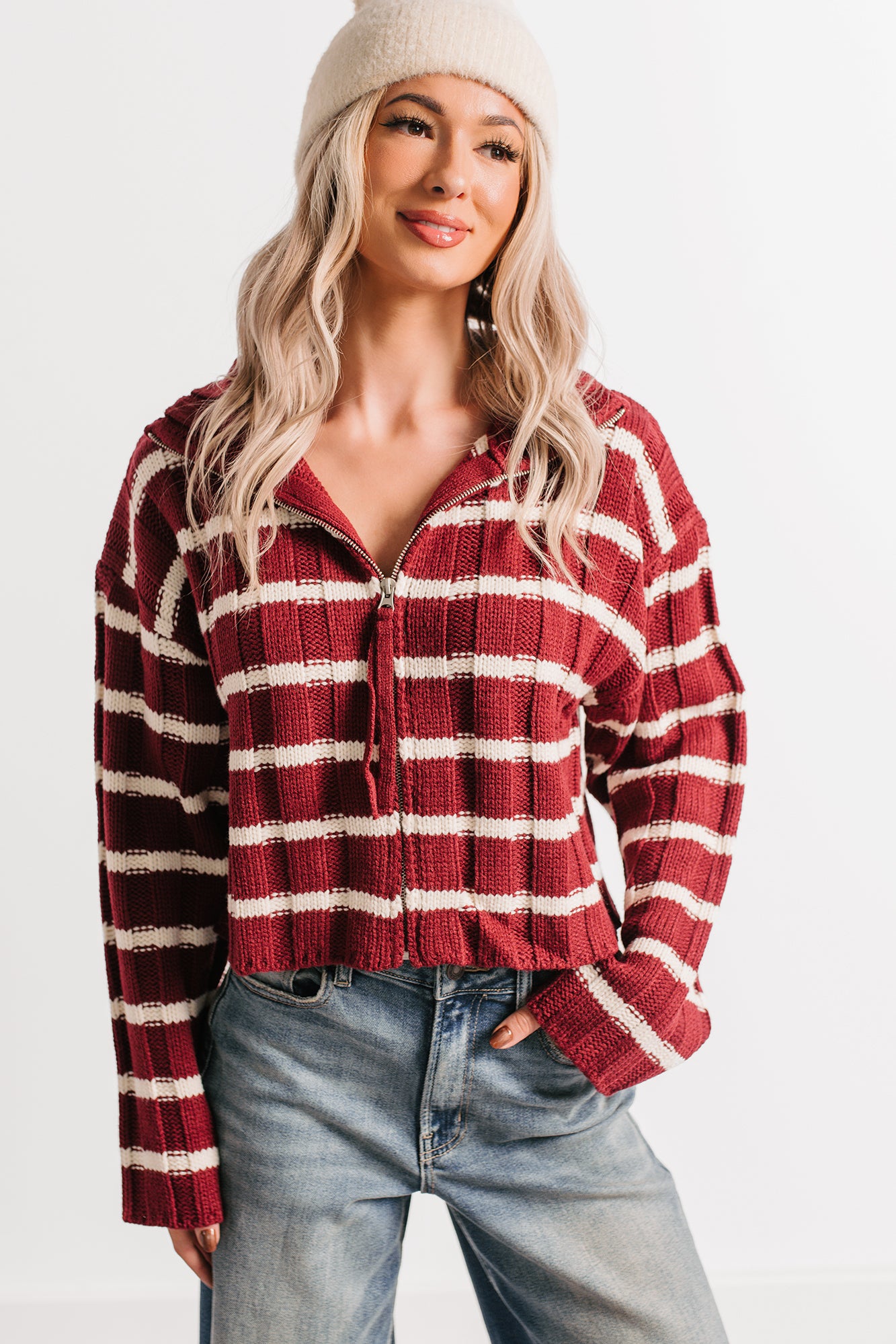 Calm Assurance Striped Zip-Up Sweater Jacket (Wine) - NanaMacs