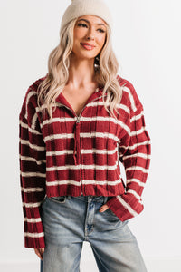 Calm Assurance Striped Zip-Up Sweater Jacket (Wine) - NanaMacs