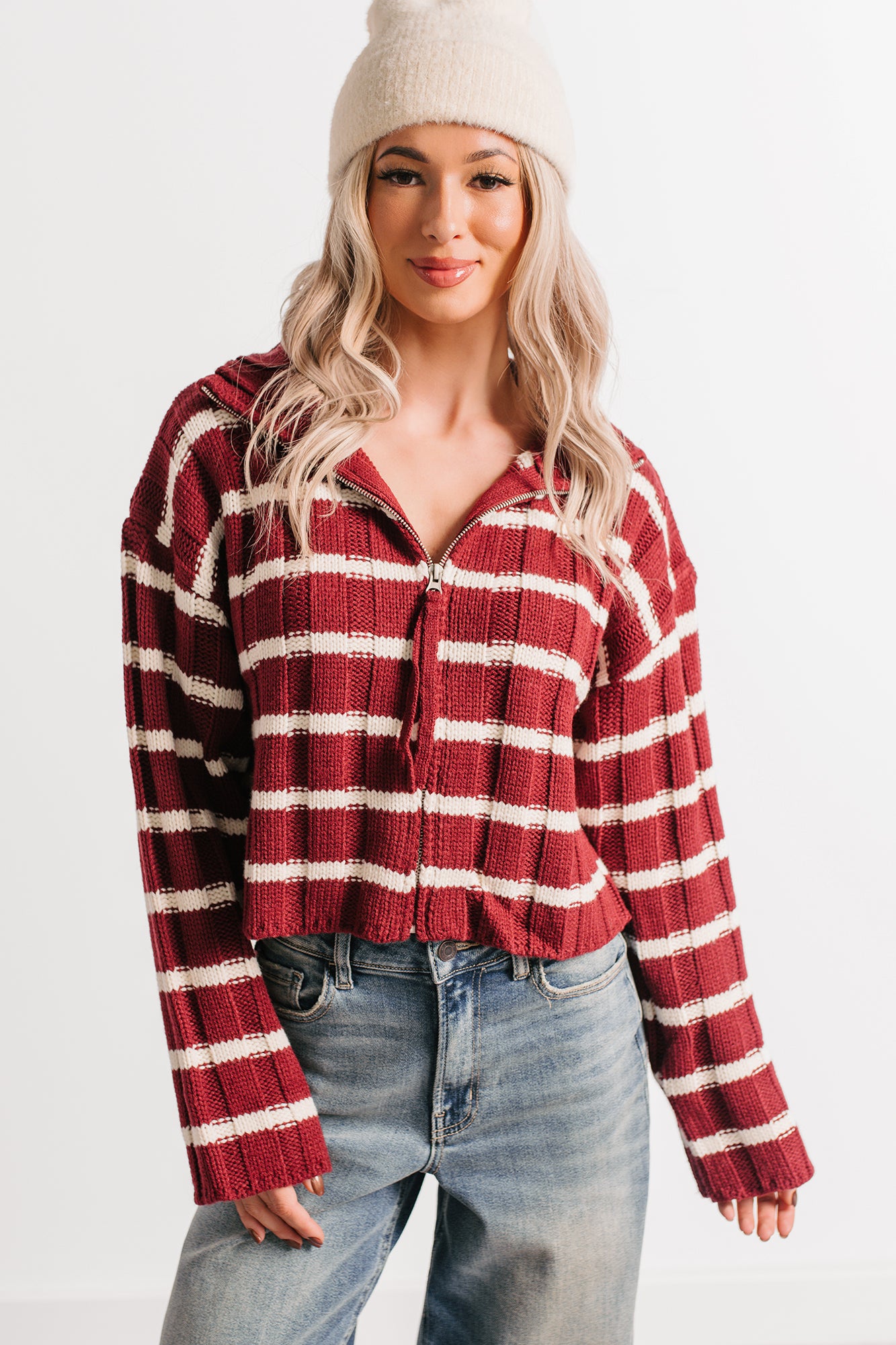 Calm Assurance Striped Zip-Up Sweater Jacket (Wine) - NanaMacs