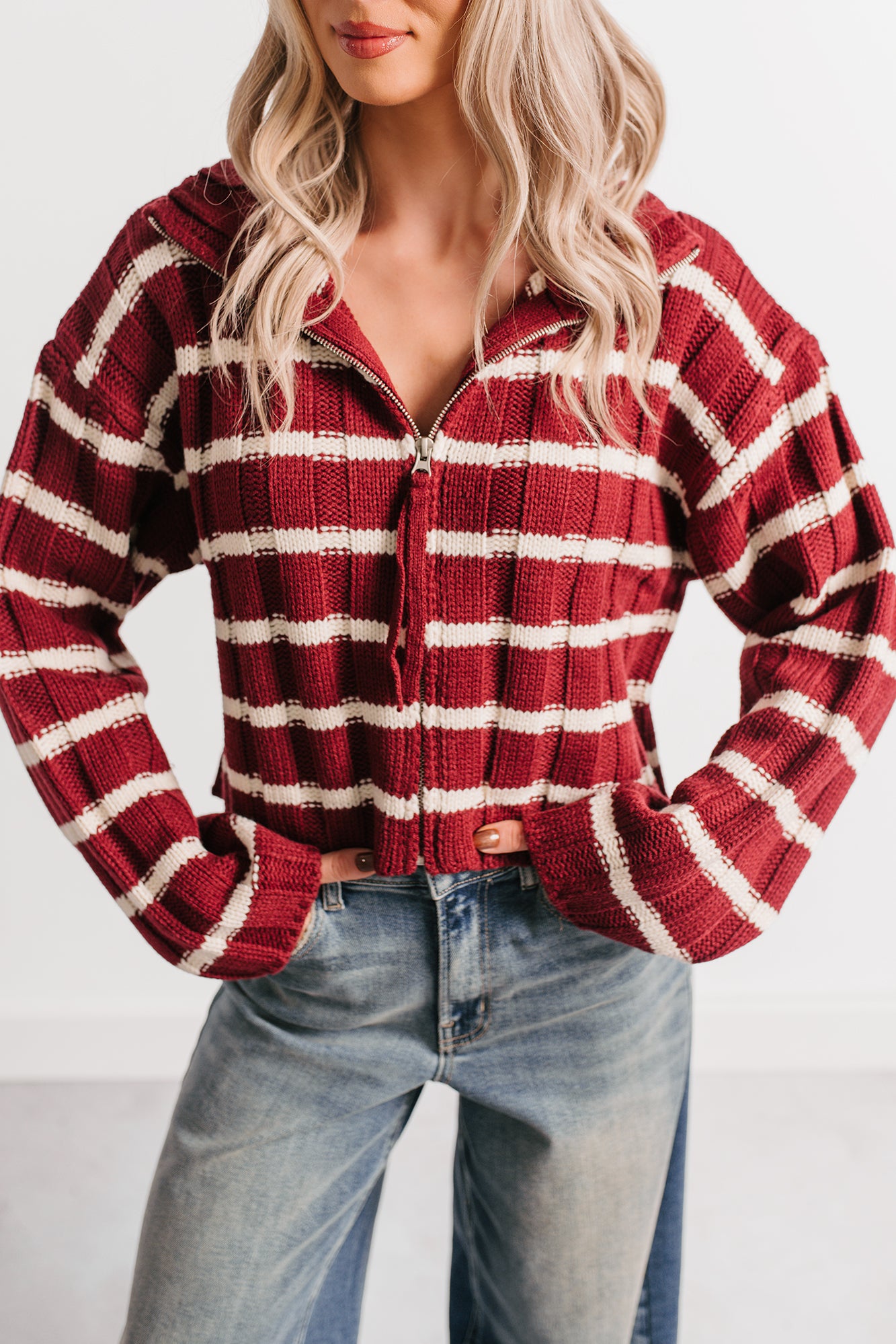 Calm Assurance Striped Zip-Up Sweater Jacket (Wine) - NanaMacs