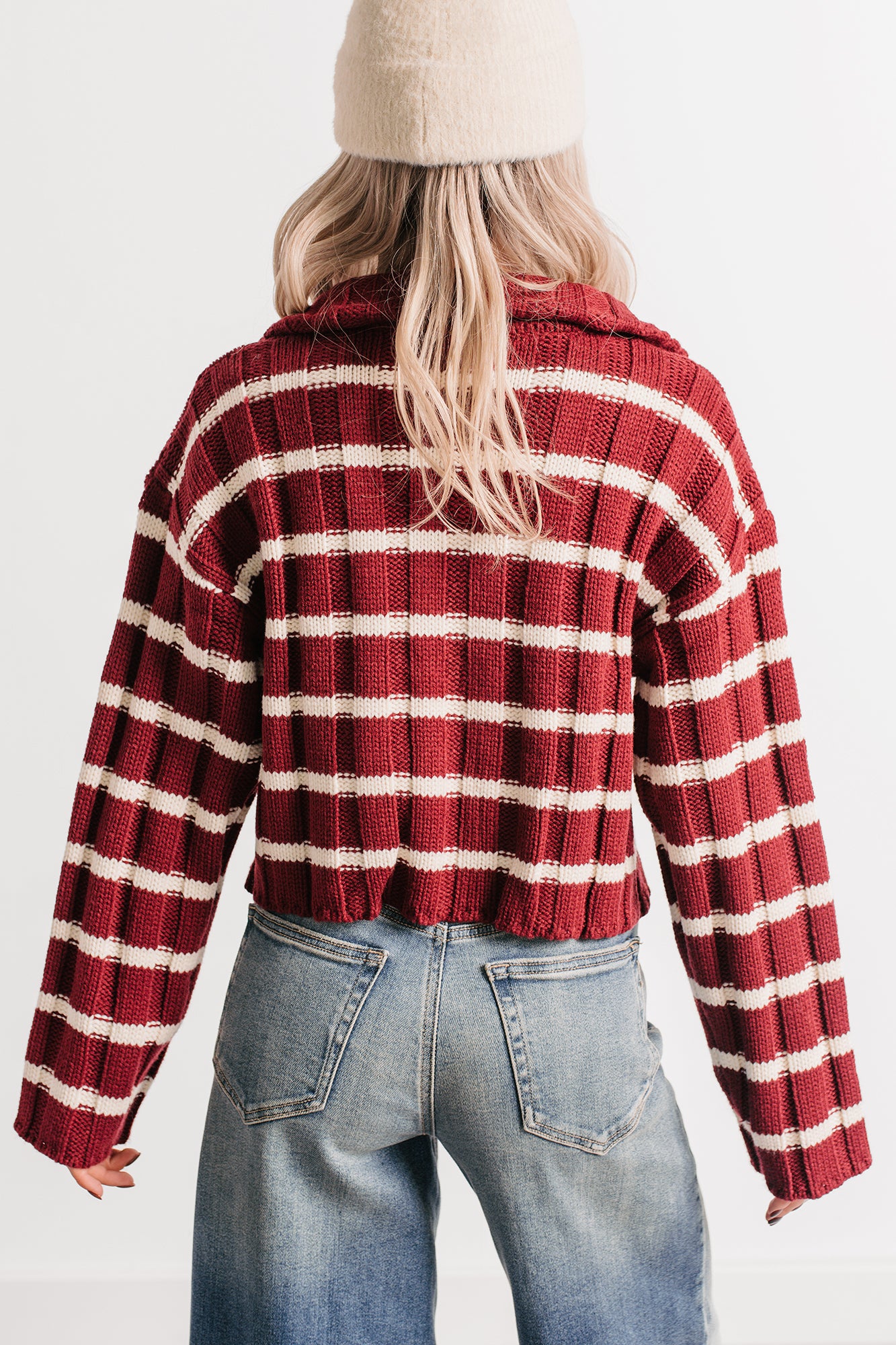 Calm Assurance Striped Zip-Up Sweater Jacket (Wine) - NanaMacs