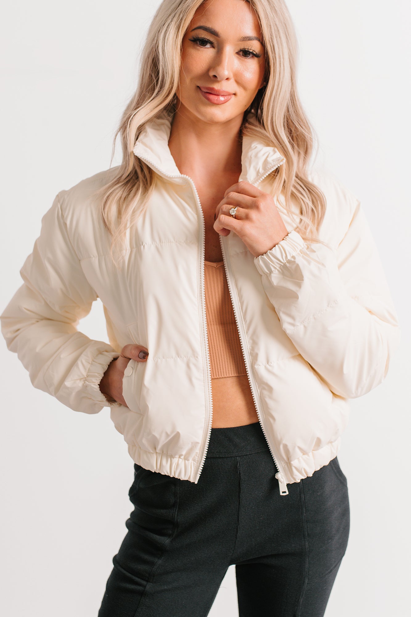 Night Shift Mock Turtleneck Zip-Up Puffer Jacket (Off-White