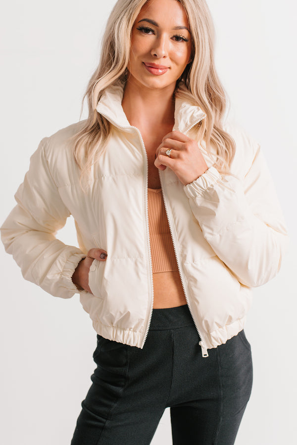 Night Shift Mock Turtleneck Zip-Up Puffer Jacket (Off-White)