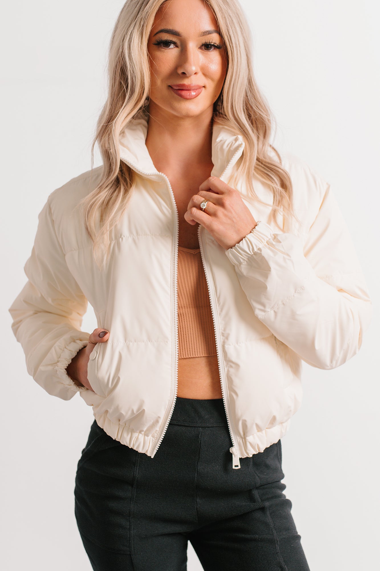 Night Shift Mock Turtleneck Zip-Up Puffer Jacket (Off-White) - NanaMacs