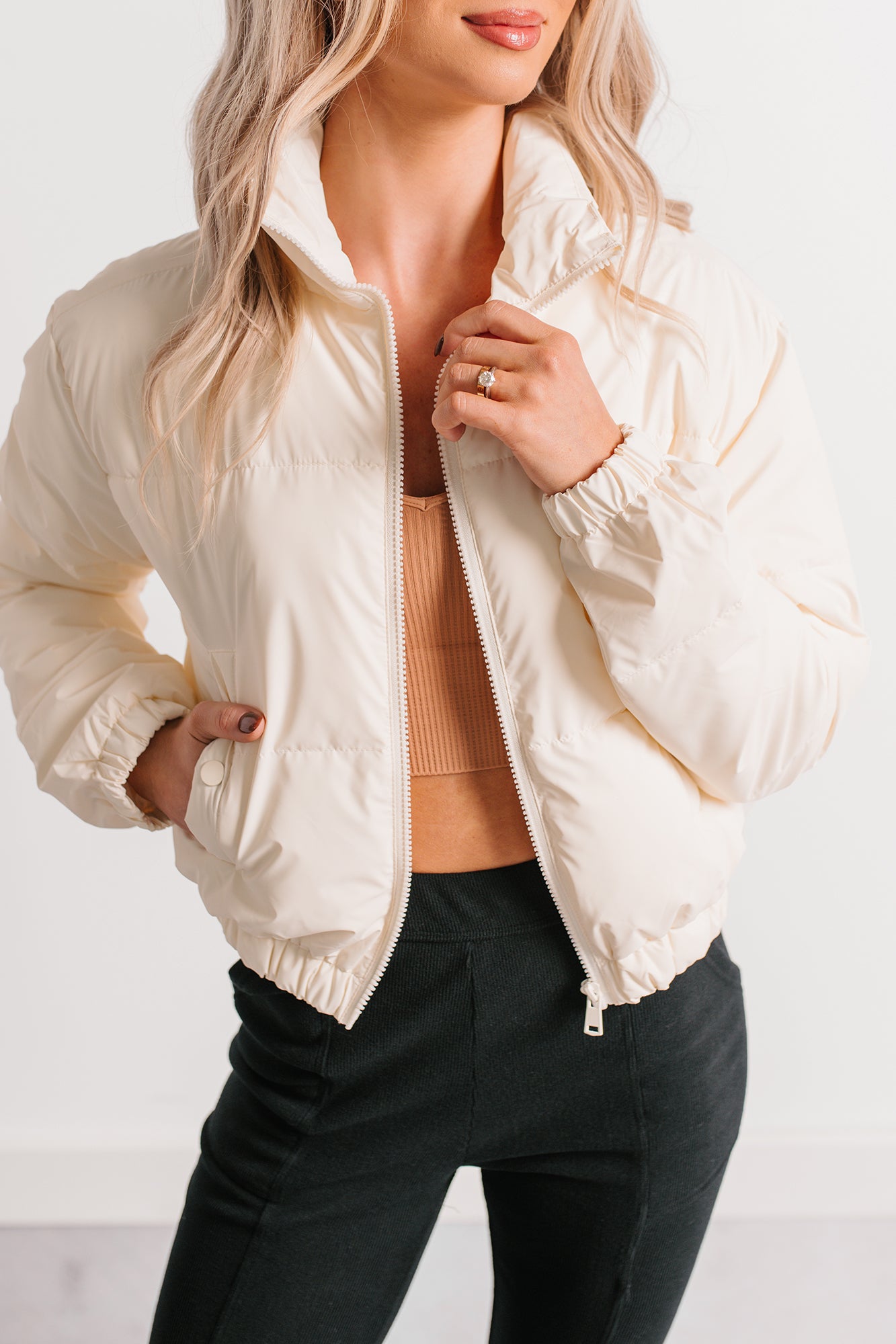 Night Shift Mock Turtleneck Zip-Up Puffer Jacket (Off-White) - NanaMacs