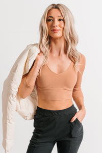 Casual Beauty Ribbed V Neck Crop Top (Mocha Mousse) - NanaMacs