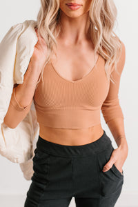 Casual Beauty Ribbed V Neck Crop Top (Mocha Mousse) - NanaMacs