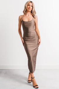 Almost Everyday Glossy Midi Dress (Taupe) - NanaMacs