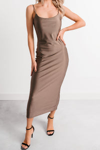 Almost Everyday Glossy Midi Dress (Taupe) - NanaMacs