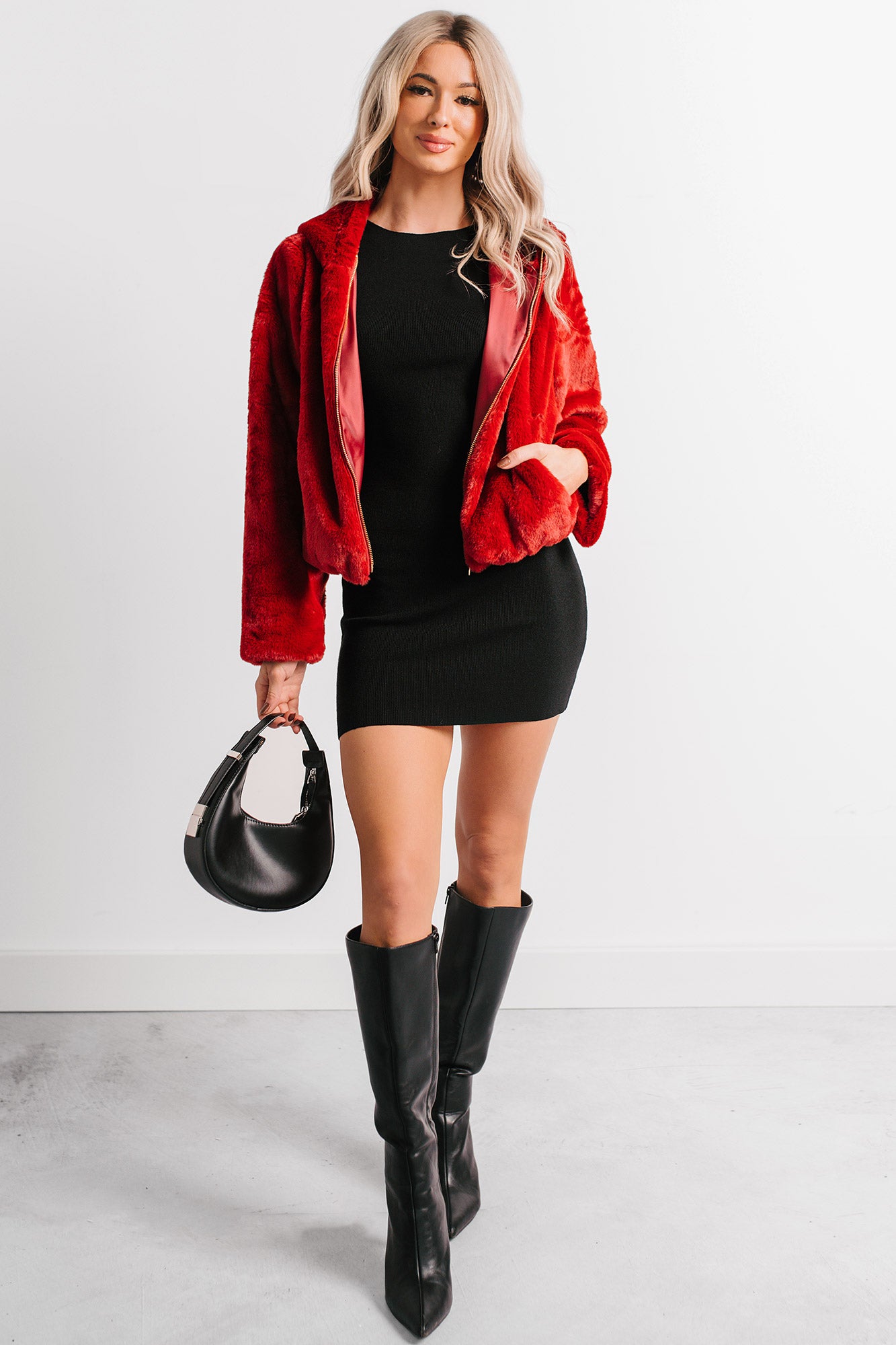 Daydream Girl Faux Fur Hooded Crop Jacket (Red Rouge) - NanaMacs
