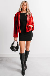 Daydream Girl Faux Fur Hooded Crop Jacket (Red Rouge) - NanaMacs