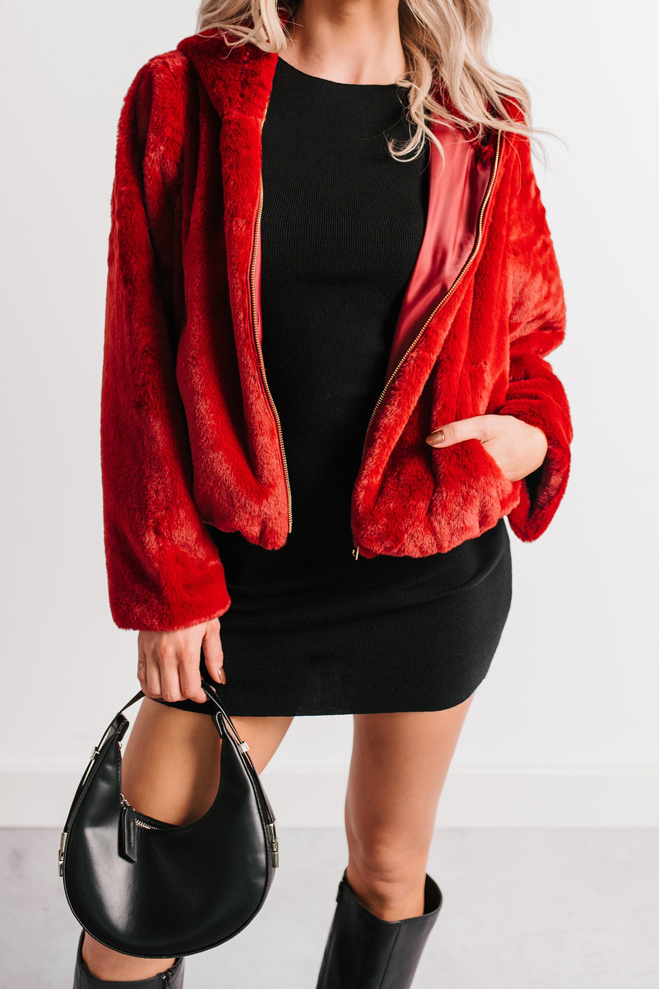 Daydream Girl Faux Fur Hooded Crop Jacket (Red Rouge) - NanaMacs