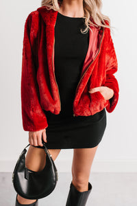 Daydream Girl Faux Fur Hooded Crop Jacket (Red Rouge) - NanaMacs
