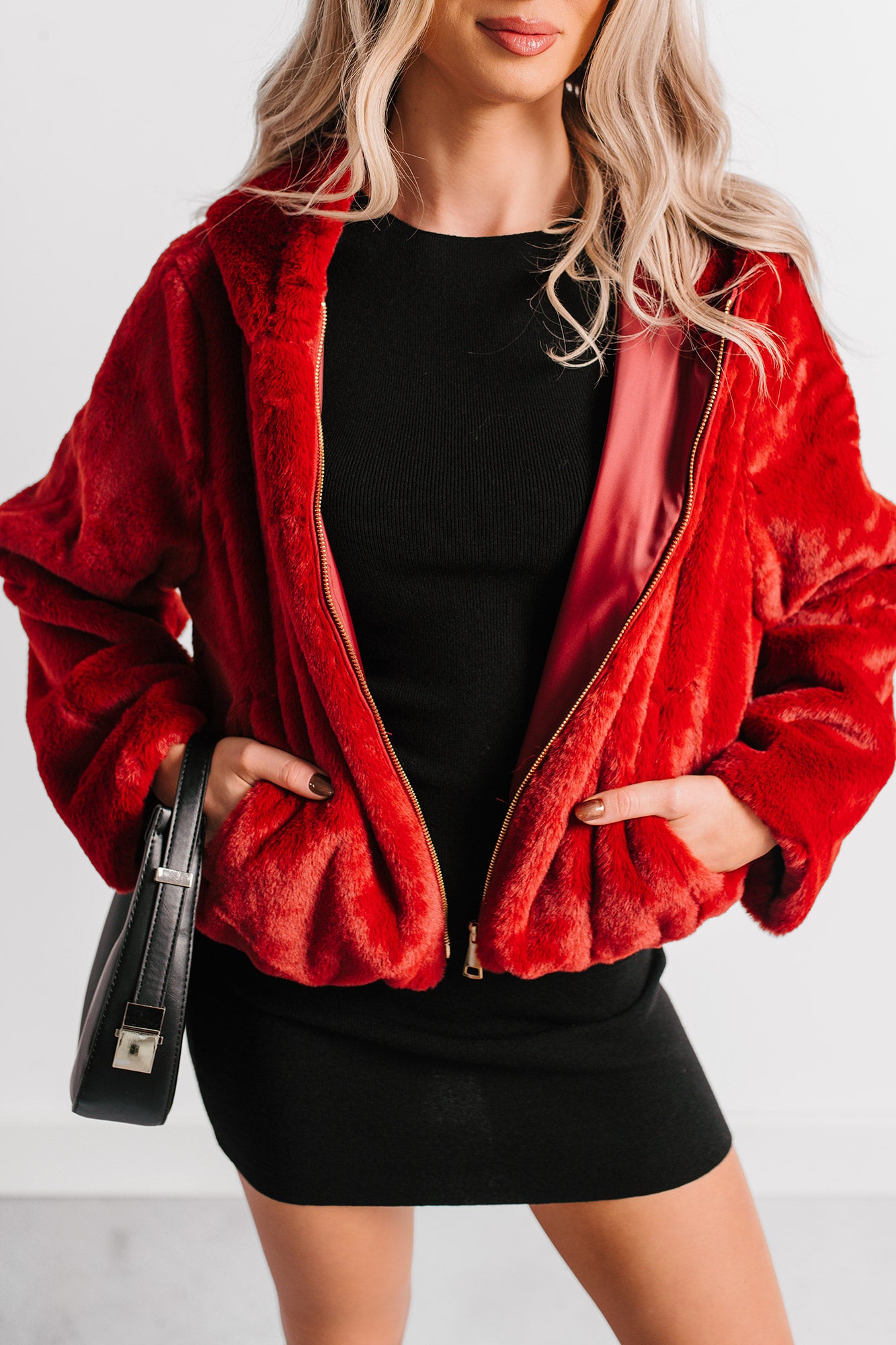 Daydream Girl Faux Fur Hooded Crop Jacket (Red Rouge) - NanaMacs