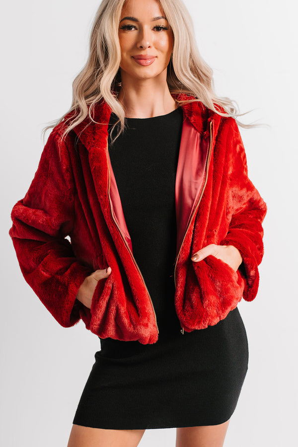 Daydream Girl Faux Fur Hooded Crop Jacket (Red Rouge)