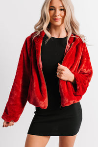 Daydream Girl Faux Fur Hooded Crop Jacket (Red Rouge) - NanaMacs