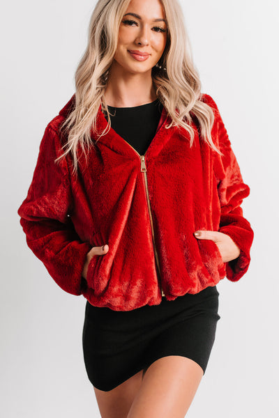 Daydream Girl Faux Fur Hooded Crop Jacket (Red Rouge)