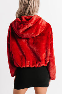 Daydream Girl Faux Fur Hooded Crop Jacket (Red Rouge) - NanaMacs