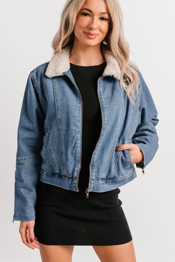 Day Off Mood Denim Sherpa Lined Jacket (Medium Wash)