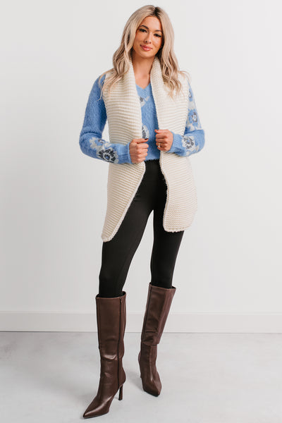 Peaceful Hours Floral V Neck Knit Sweater (Blue)