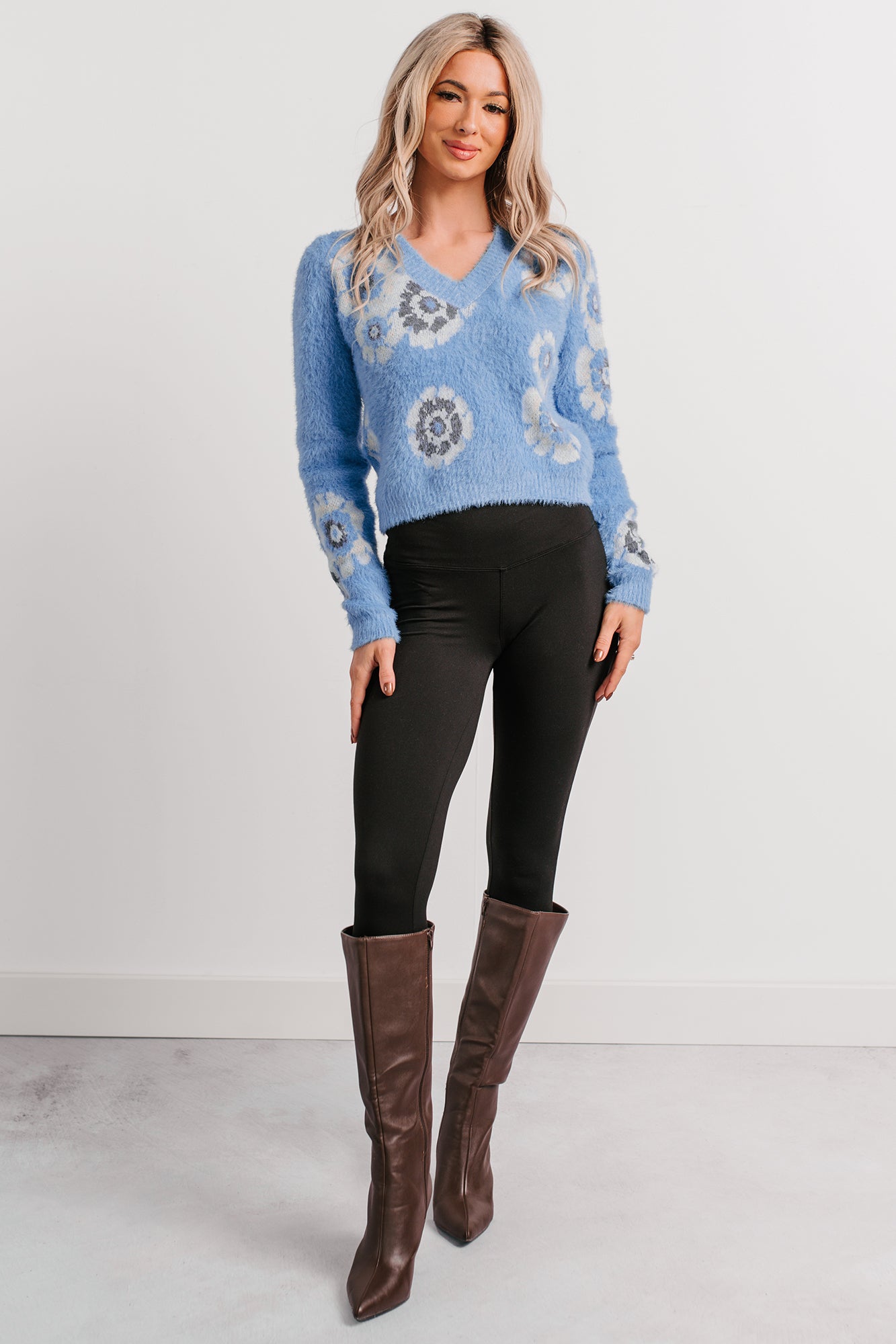 Peaceful Hours Floral V Neck Knit Sweater (Blue) - NanaMacs