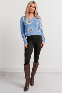 Peaceful Hours Floral V Neck Knit Sweater (Blue) - NanaMacs